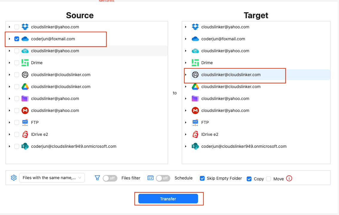 Create a OneDrive to Drime transfer task in CloudsLinker