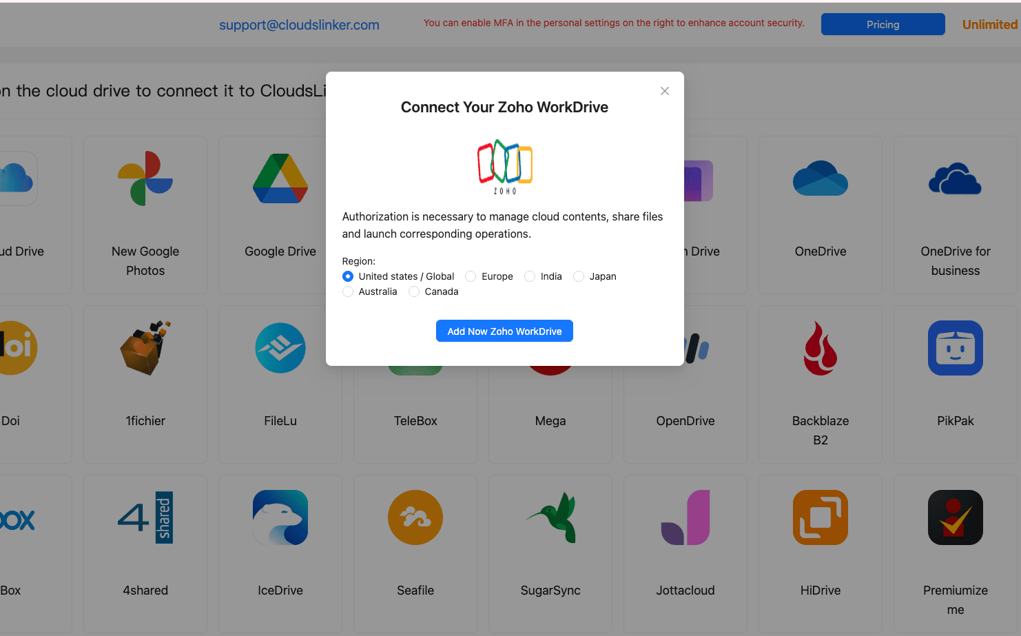Connecting Zoho WorkDrive in CloudsLinker