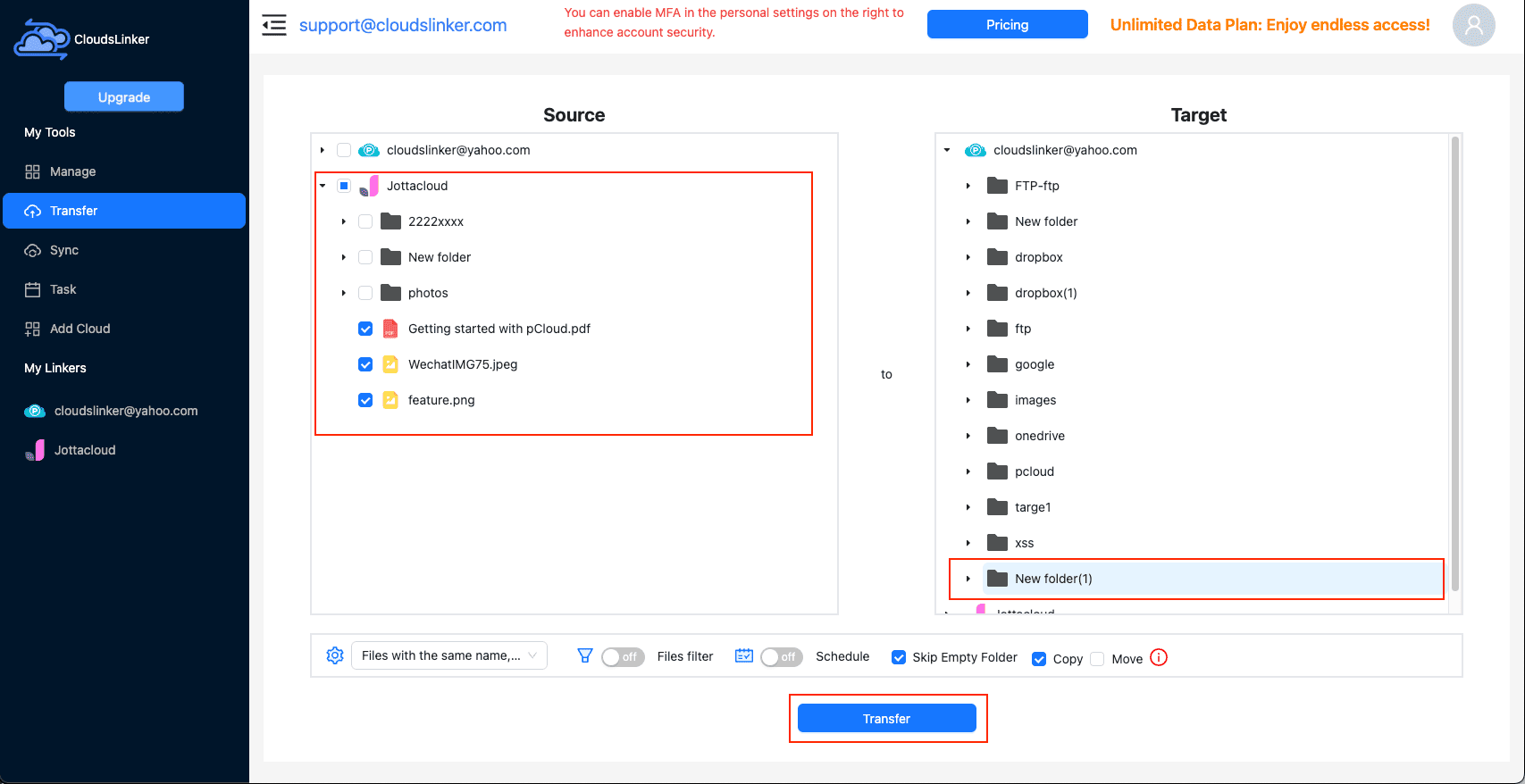 Setting up transfer from Jottacloud to pCloud in CloudsLinker