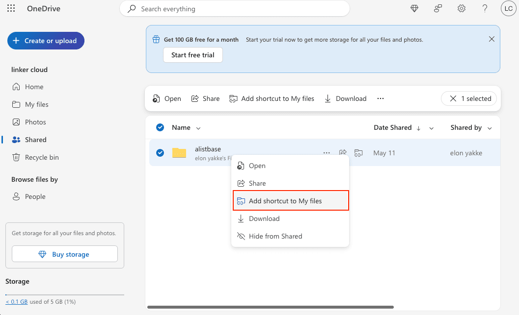 Adding shortcut of shared files to OneDrive