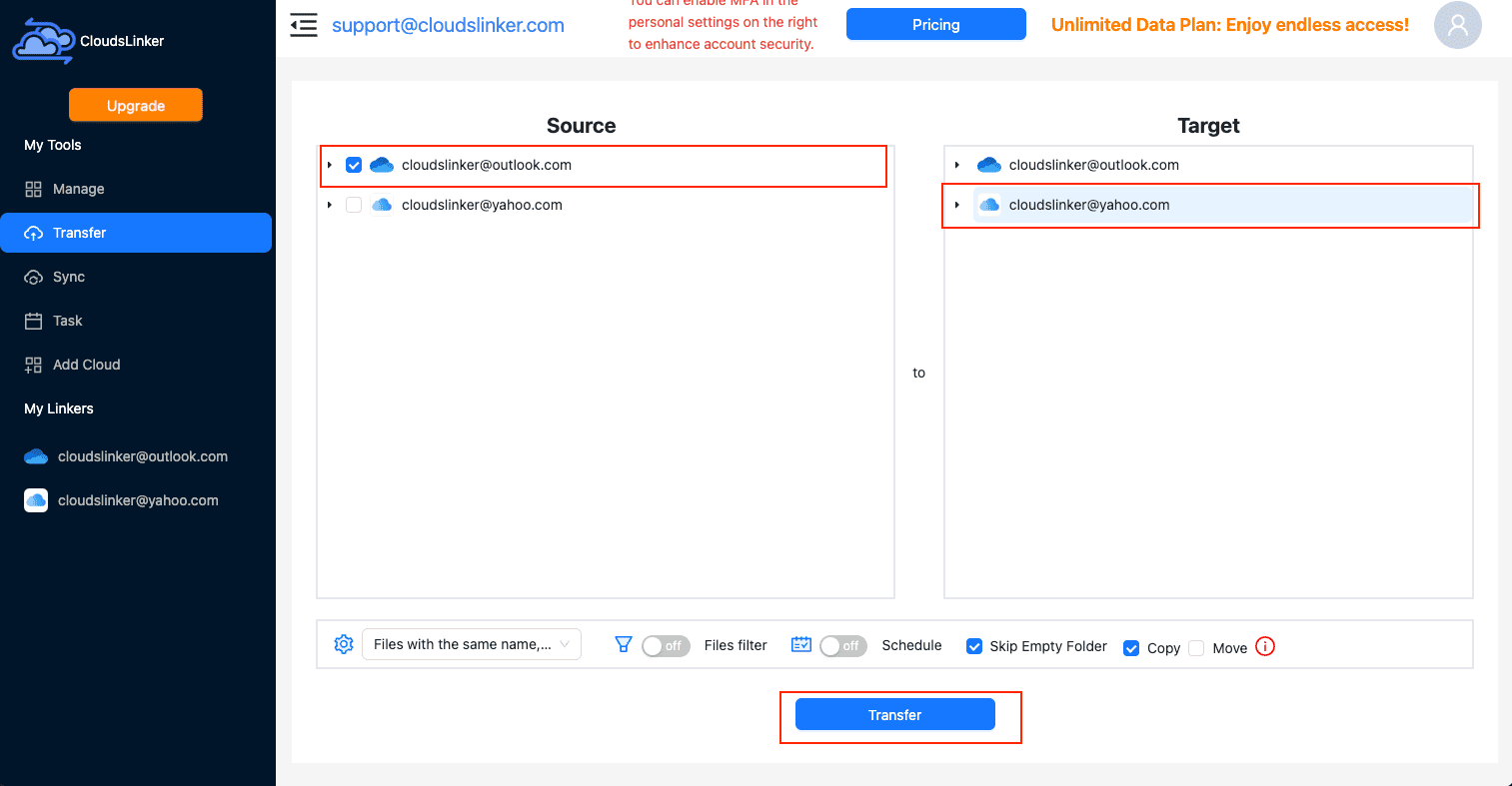 Transfer from OneDrive to iCloud Drive using CloudsLinker