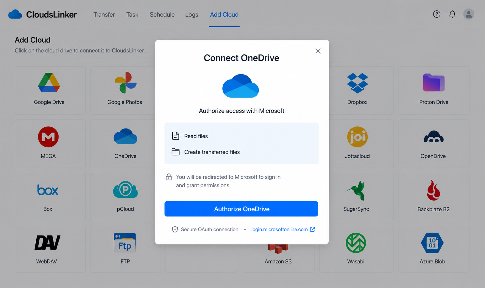 Connect OneDrive in CloudsLinker