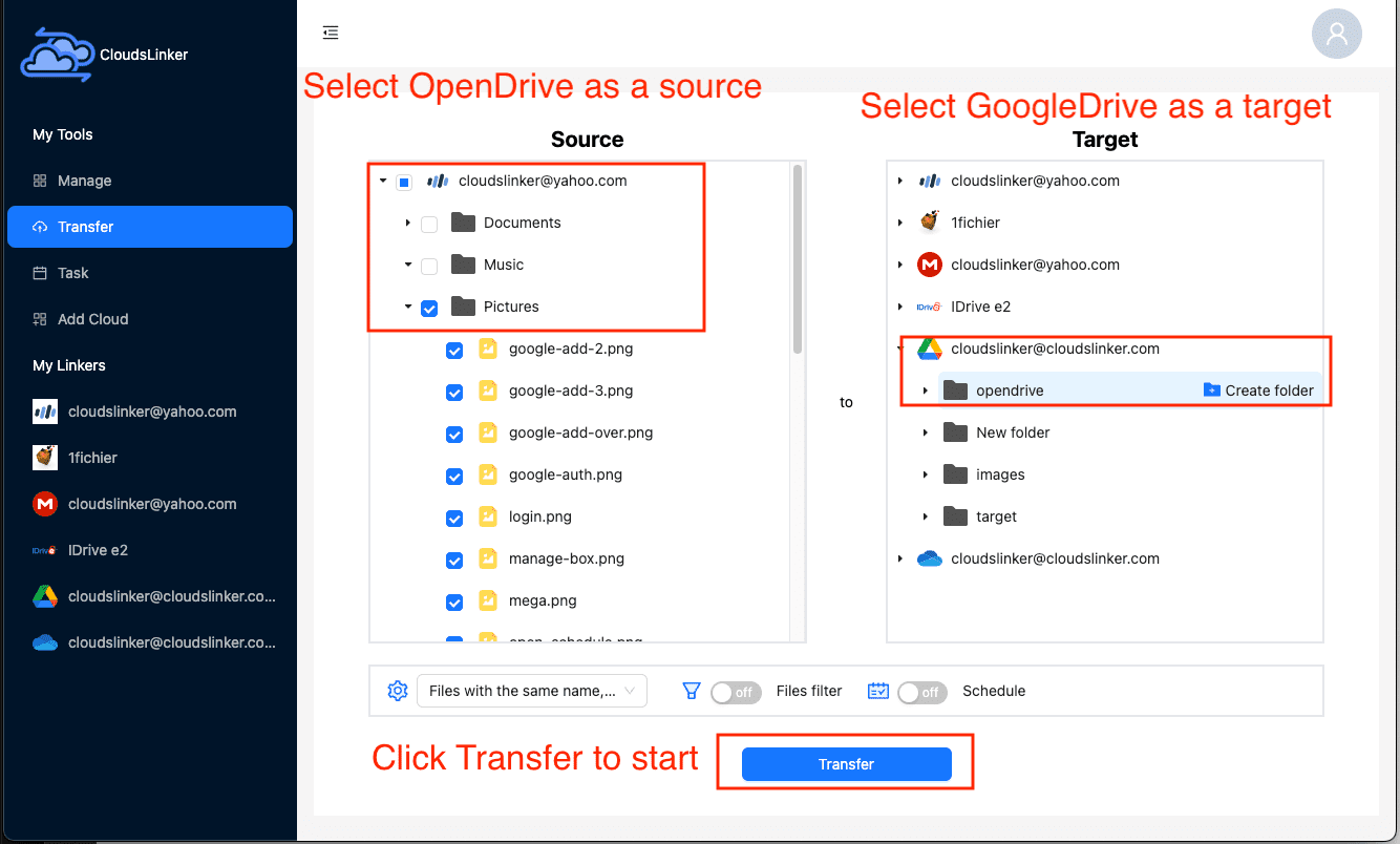 setting up transfer in cloudslinker