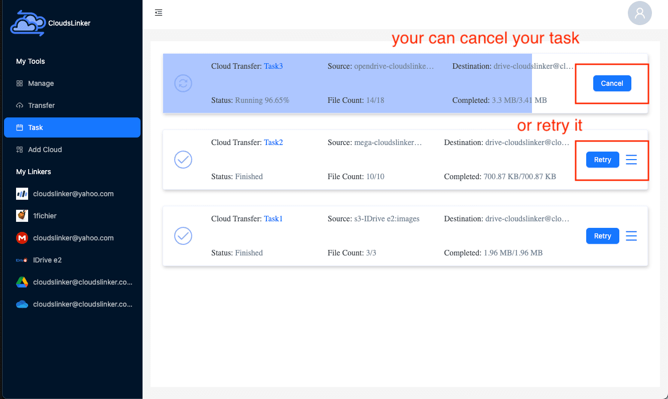 Tracking transfer tasks in Cloudslinker