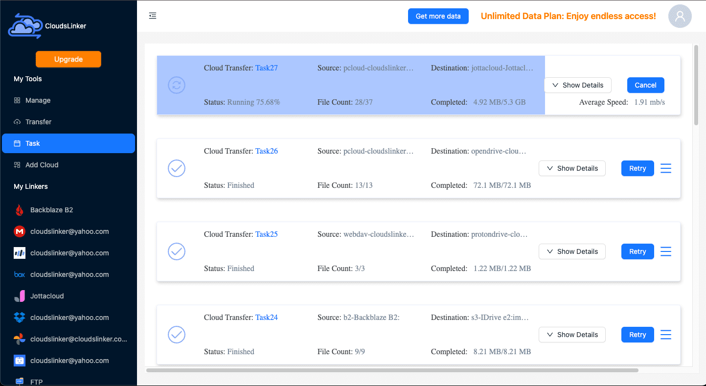 Initiating file transfer in CloudsLinker