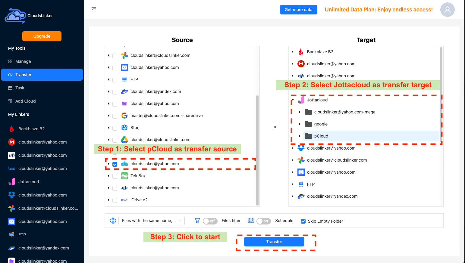 Configuring transfer from pCloud to Jottacloud in CloudsLinker