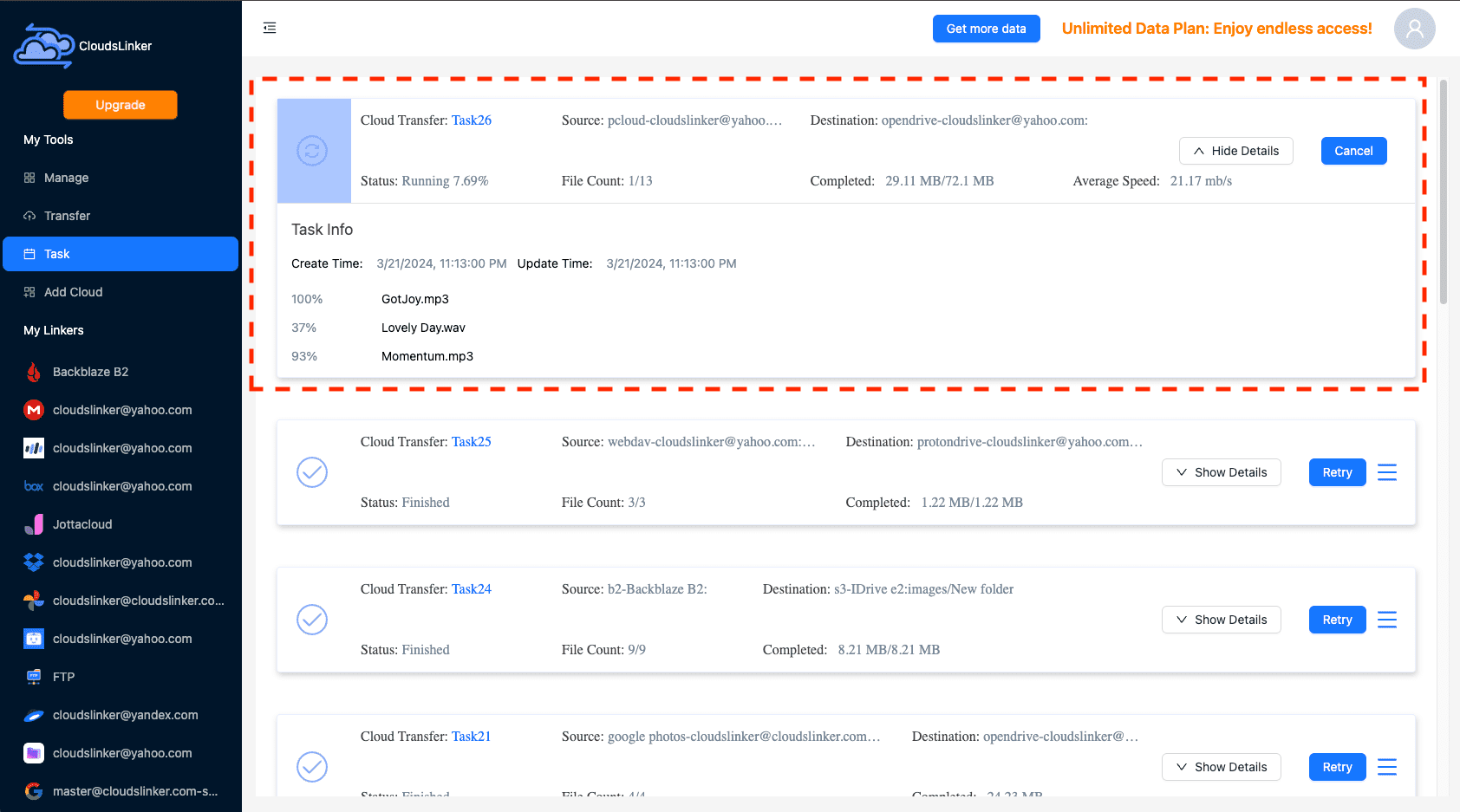 Starting the transfer in CloudsLinker