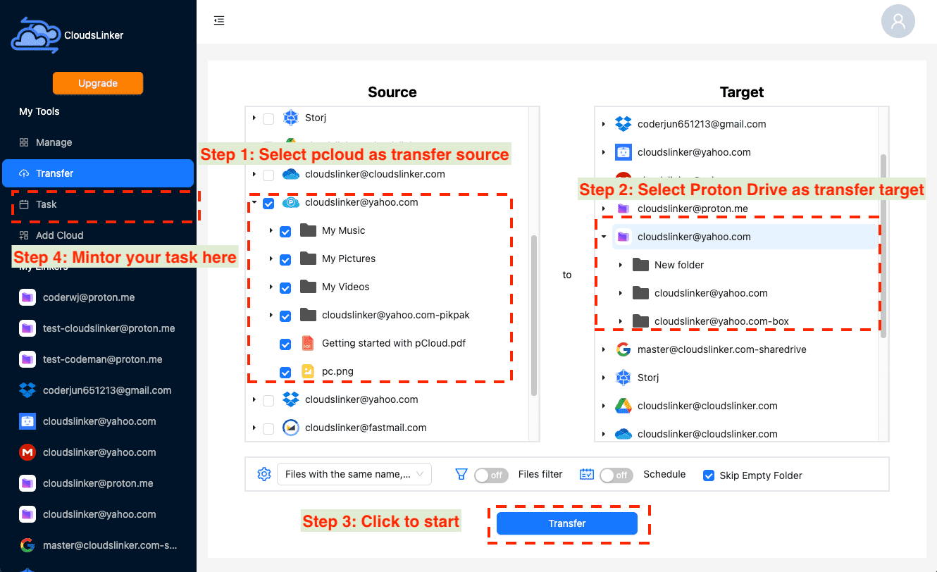 Configuring transfer in Cloudslinker from pCloud to Proton Drive