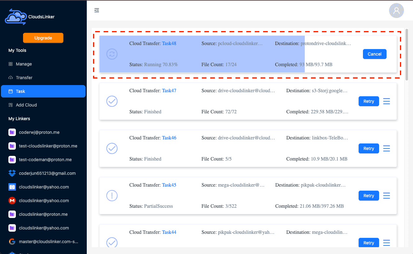Monitoring transfer tasks in Cloudslinker for pCloud to Proton Drive