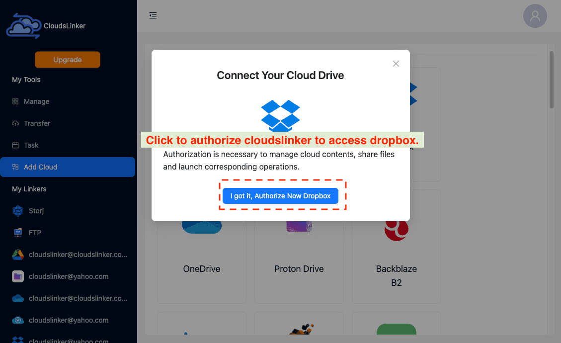 Authorizing Dropbox in CloudsLinker