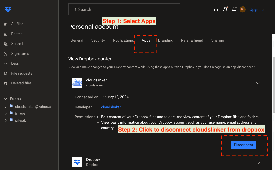 Disconnecting Cloudslinker from Dropbox