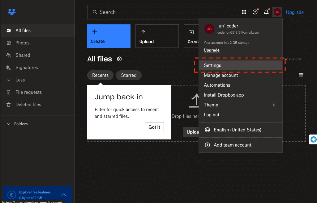 Accessing Dropbox settings
