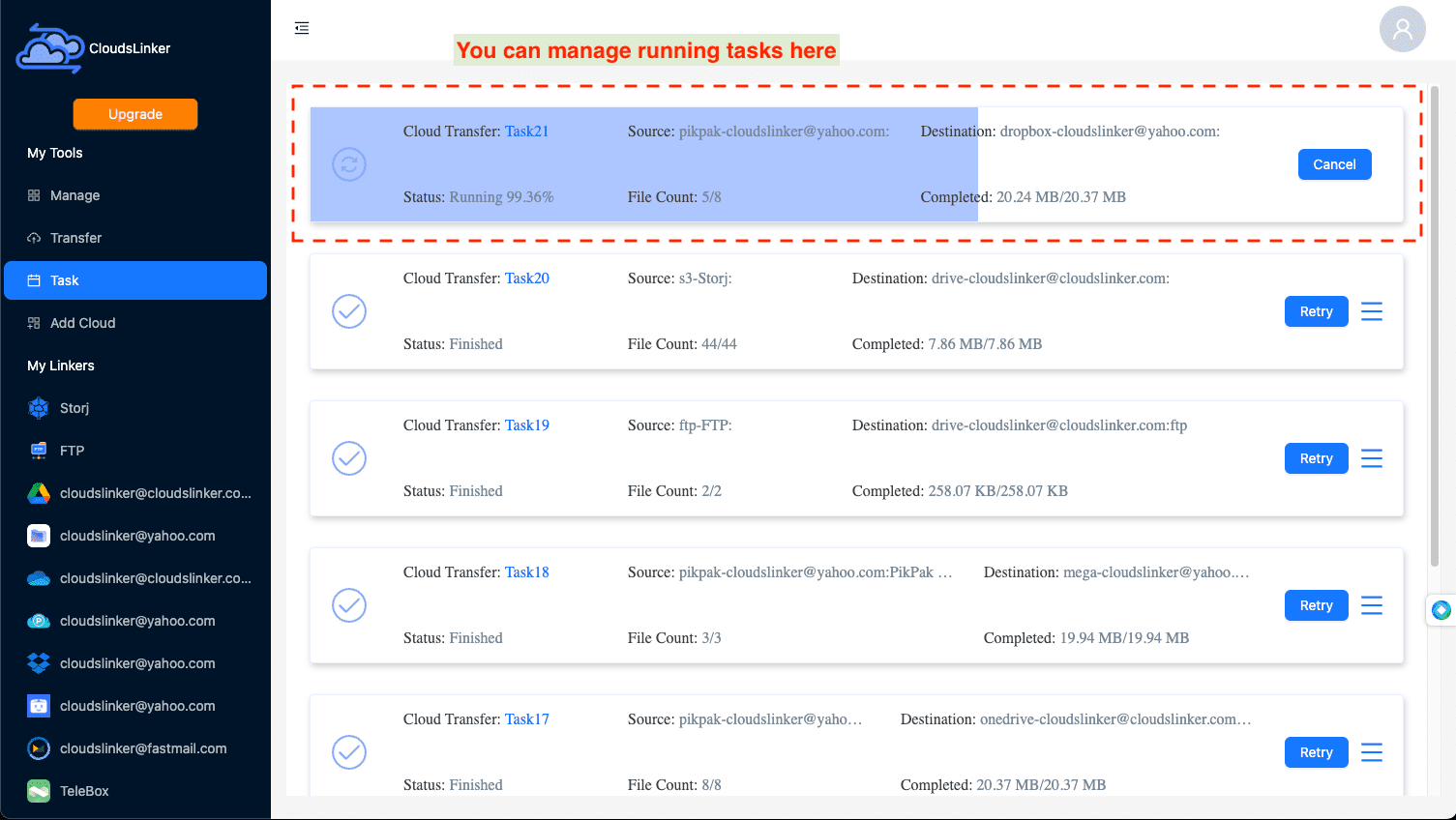 Confirming successful transfer to Dropbox