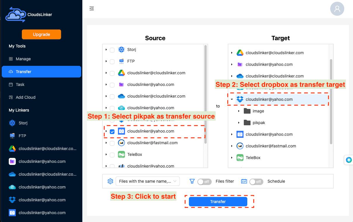 Configuring PikPak to Dropbox transfer in Cloudslinker