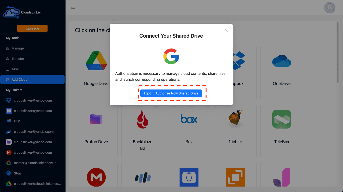 Authorizing Google Photos in CloudsLinker