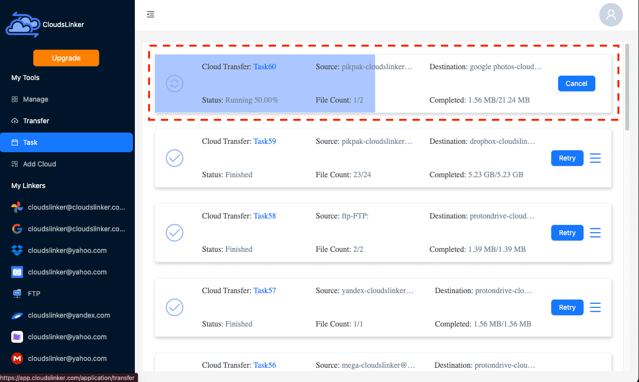 Transfer progress in CloudsLinker
