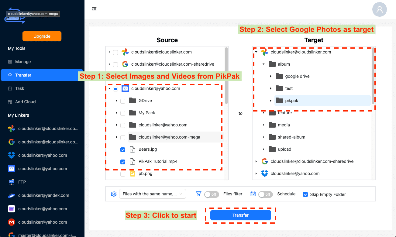 Adjusting transfer settings in CloudsLinker