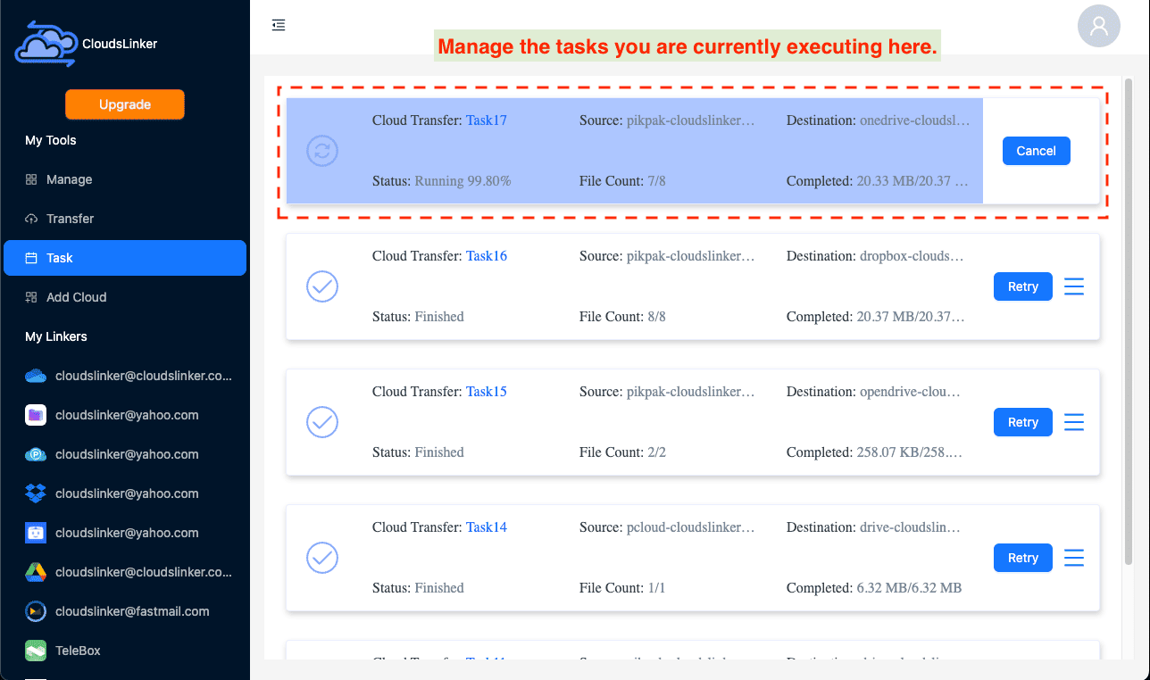 Tracking file transfer status in Cloudslinker