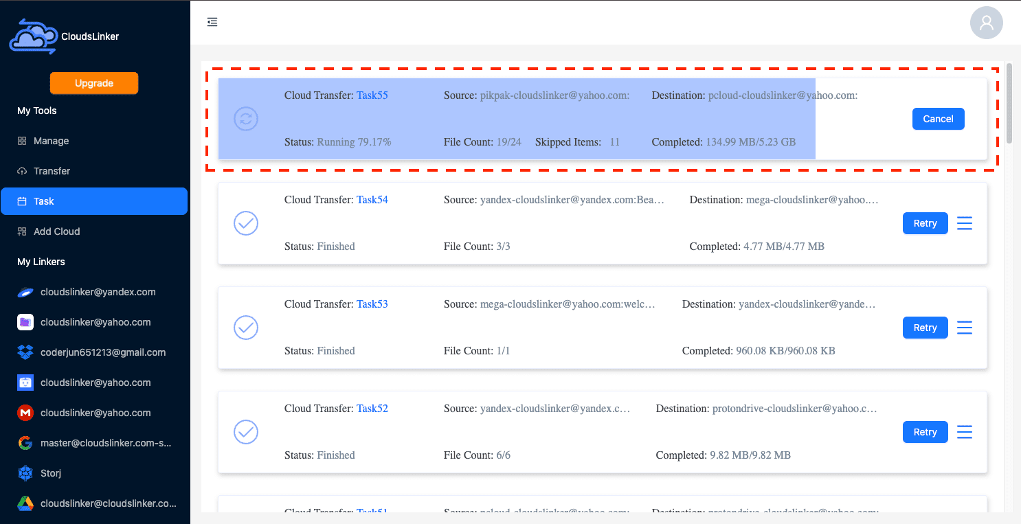 Tracking transfer tasks in CloudsLinker for PikPak to pCloud