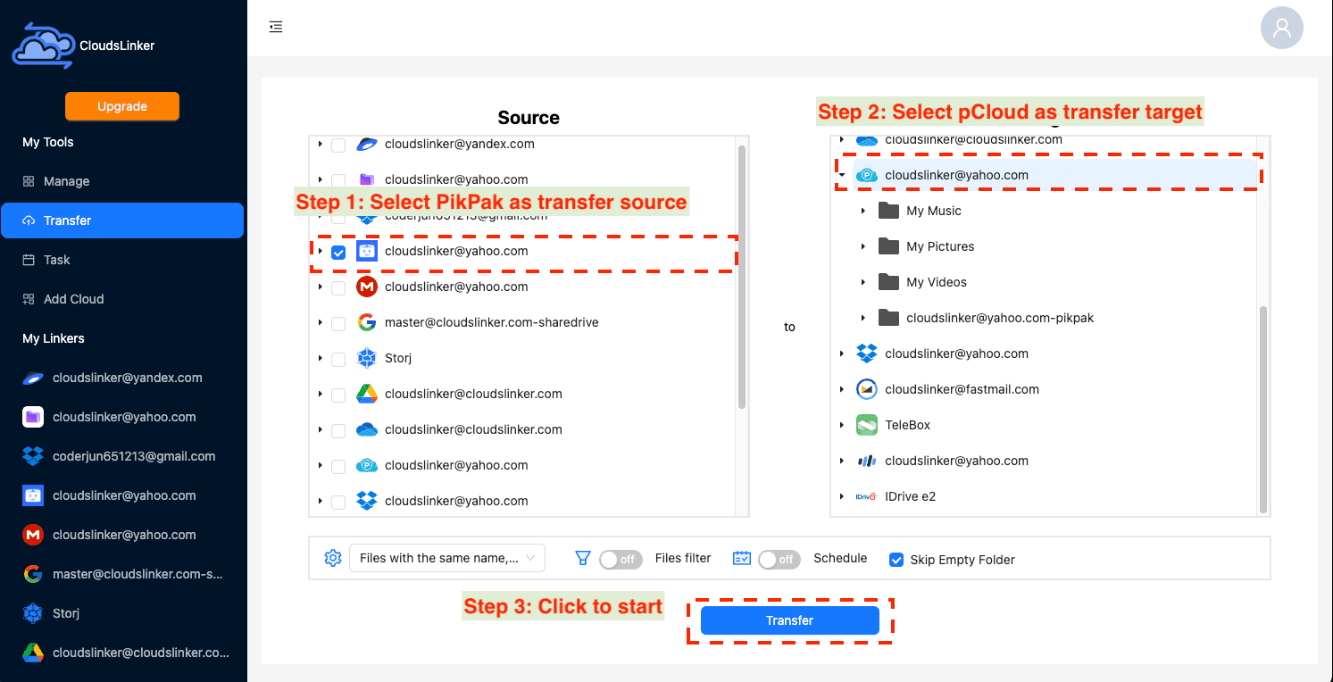 Organizing transfer in CloudsLinker from PikPak to pCloud
