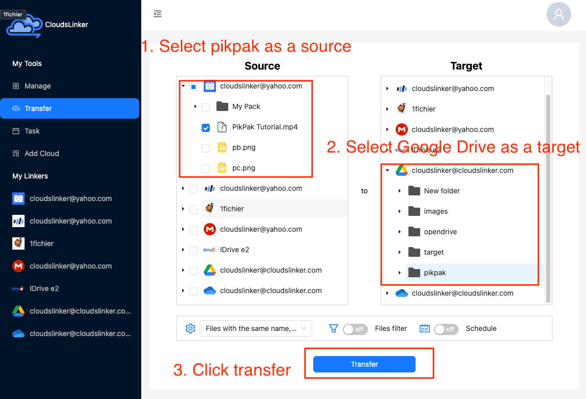 Configuring transfer in Cloudslinker