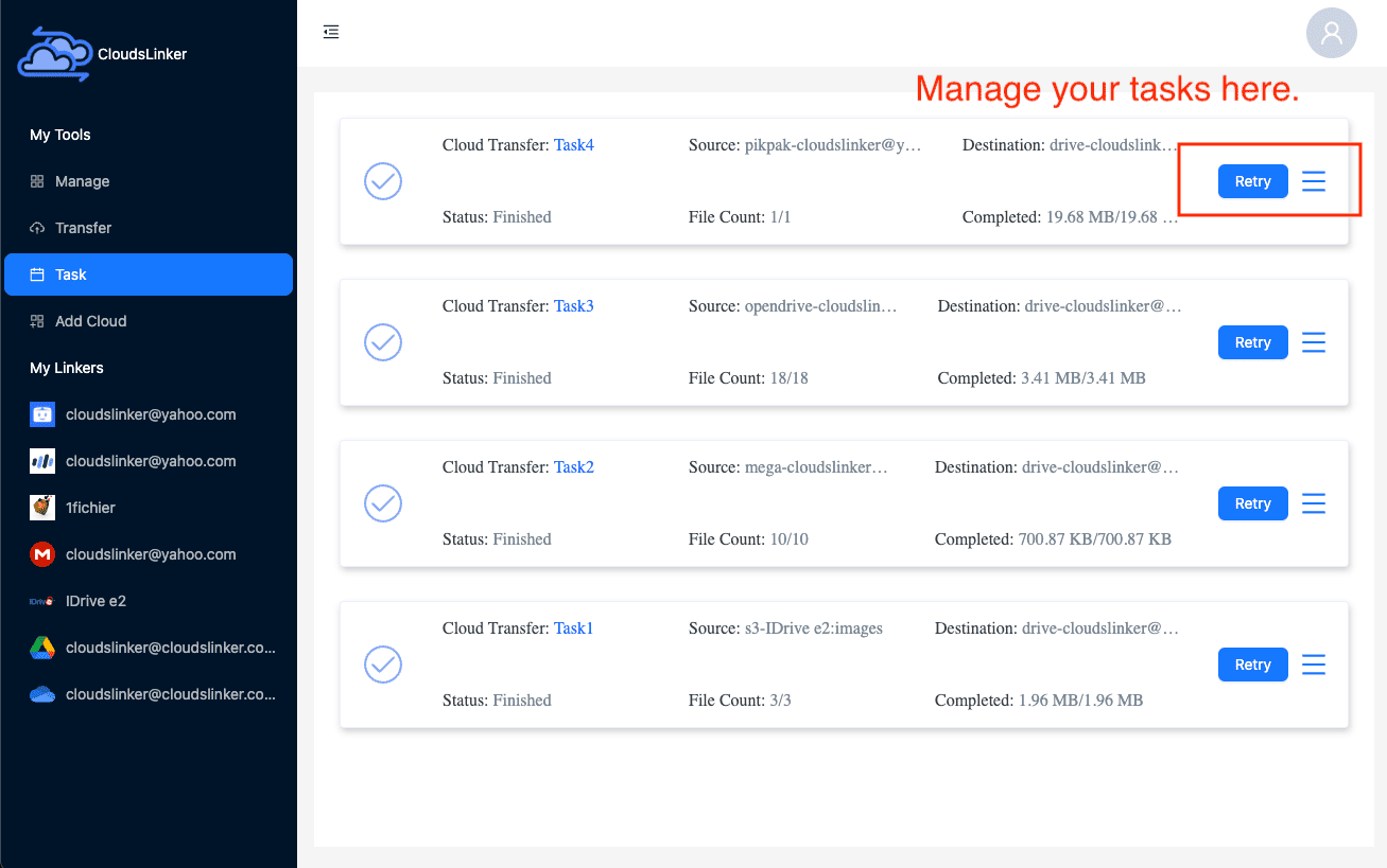 Monitoring transfer tasks in Cloudslinker
