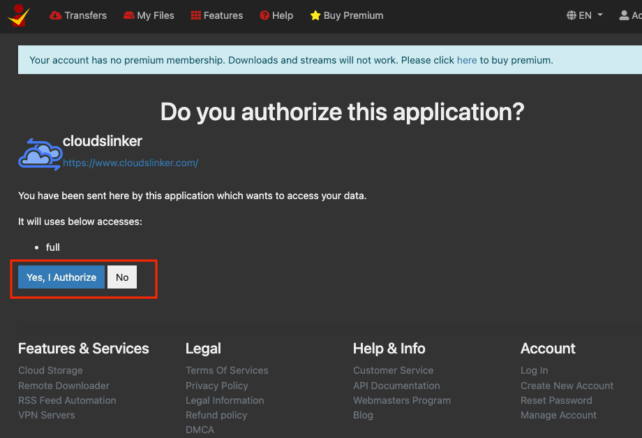 Premiumize OAuth2.0 web page