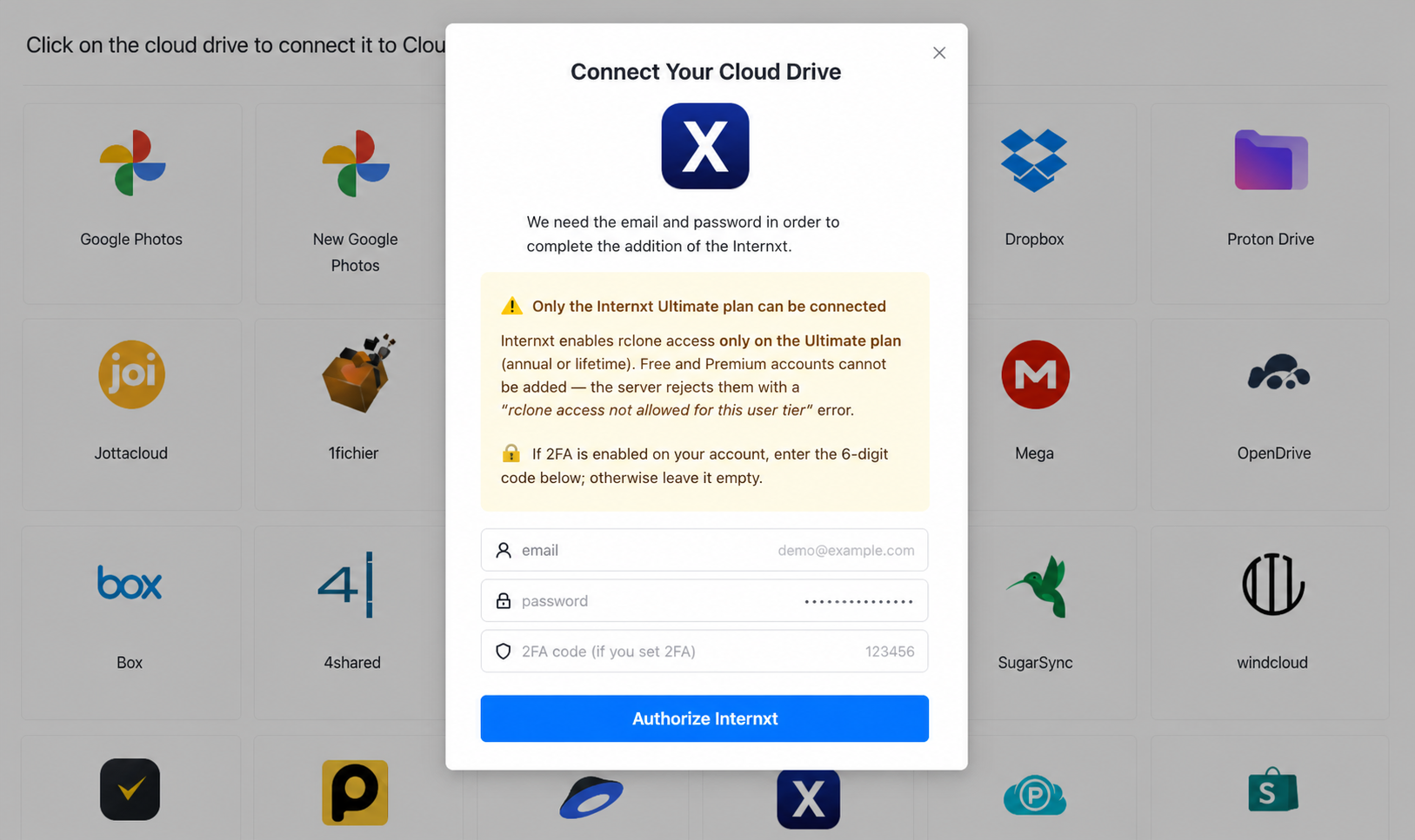 Connect Internxt in CloudsLinker