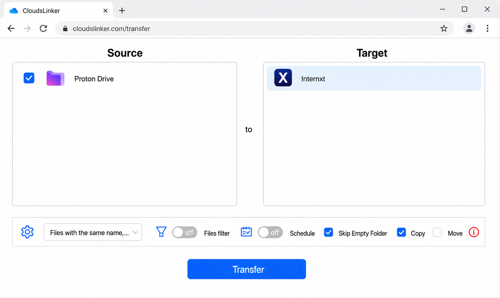 Configure the transfer in CloudsLinker