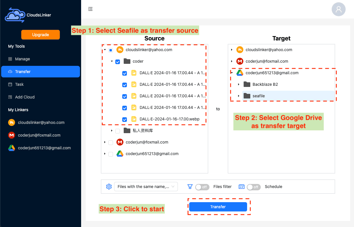 Configuring transfer in Cloudslinker from Seafile to Google Drive