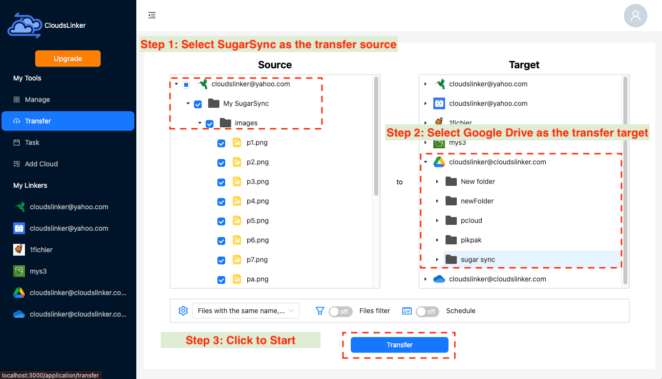 Configuring SugarSync to Google Drive transfer in Cloudslinker