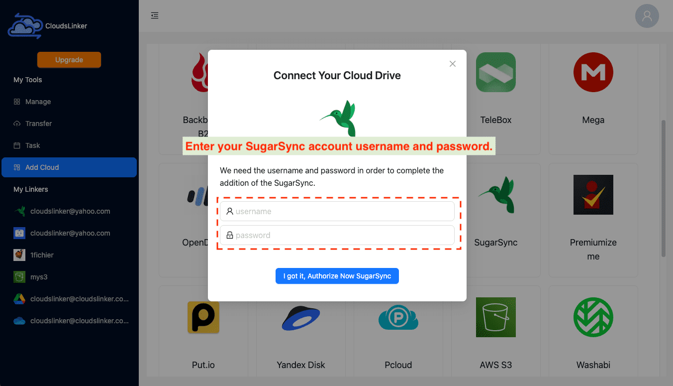 Adding SugarSync account to Cloudslinker