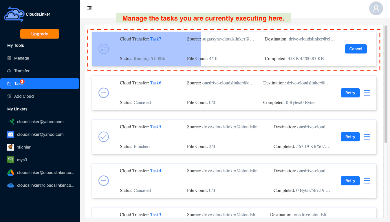 Monitoring SugarSync to Google Drive transfer status in Cloudslinker