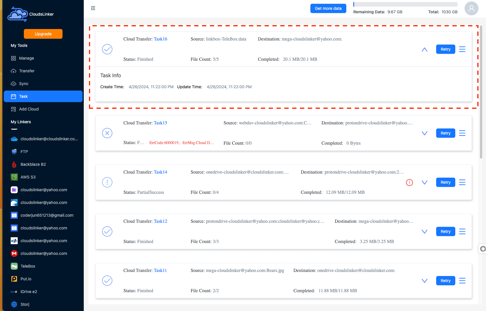Initiating transfer on CloudsLinker