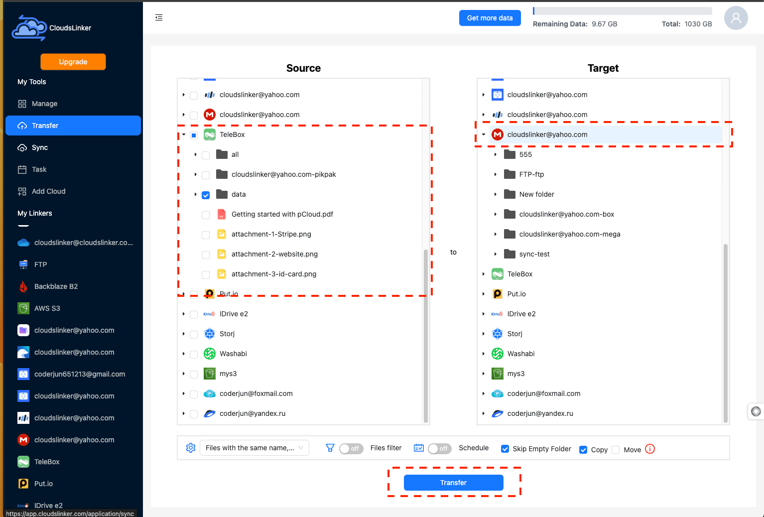 Configuring file transfer in CloudsLinker
