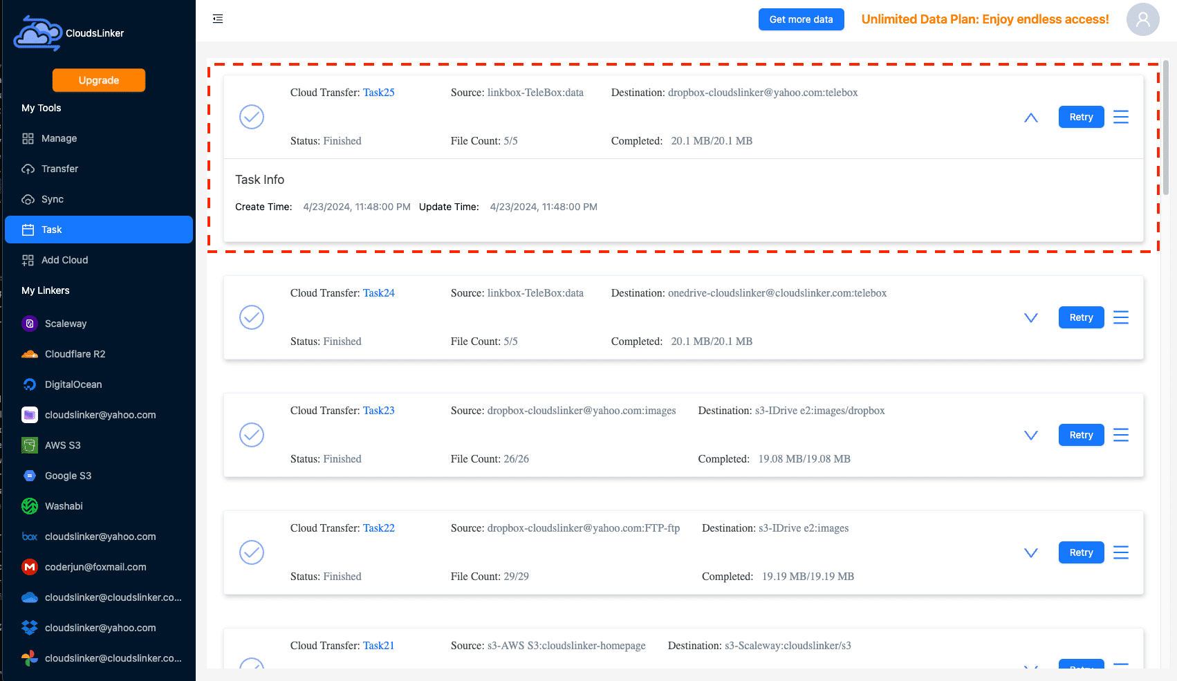 Beginning transfer on CloudsLinker