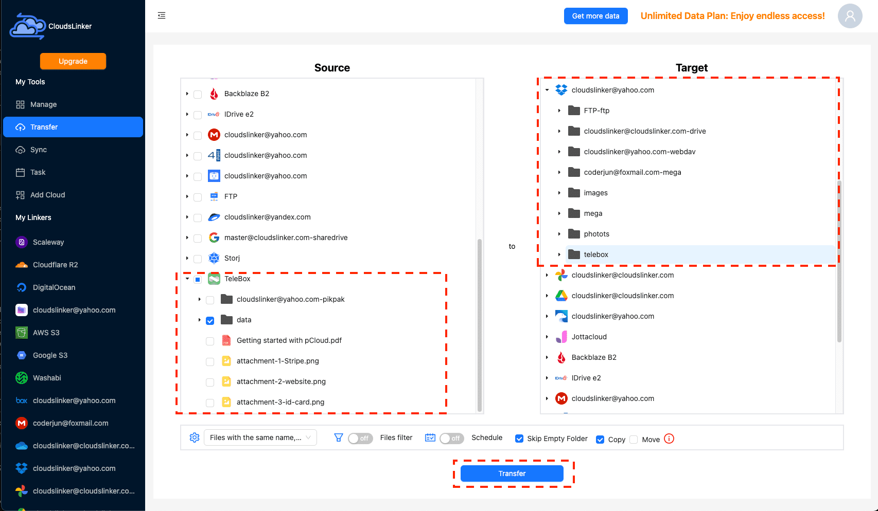 Setting up file transfer in CloudsLinker