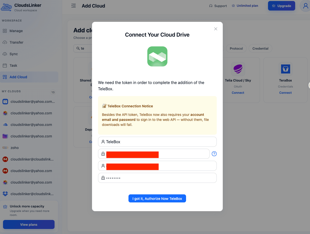 CloudsLinker Connect Your Cloud Drive dialog for TeleBox with fields for a name, the token, the email and the password, and a notice that the email and password are required