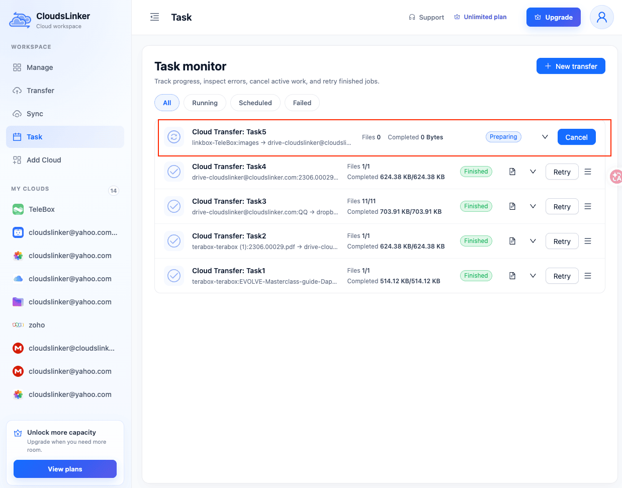 CloudsLinker Task monitor listing a TeleBox to Google Drive transfer with the status Preparing and a Cancel button