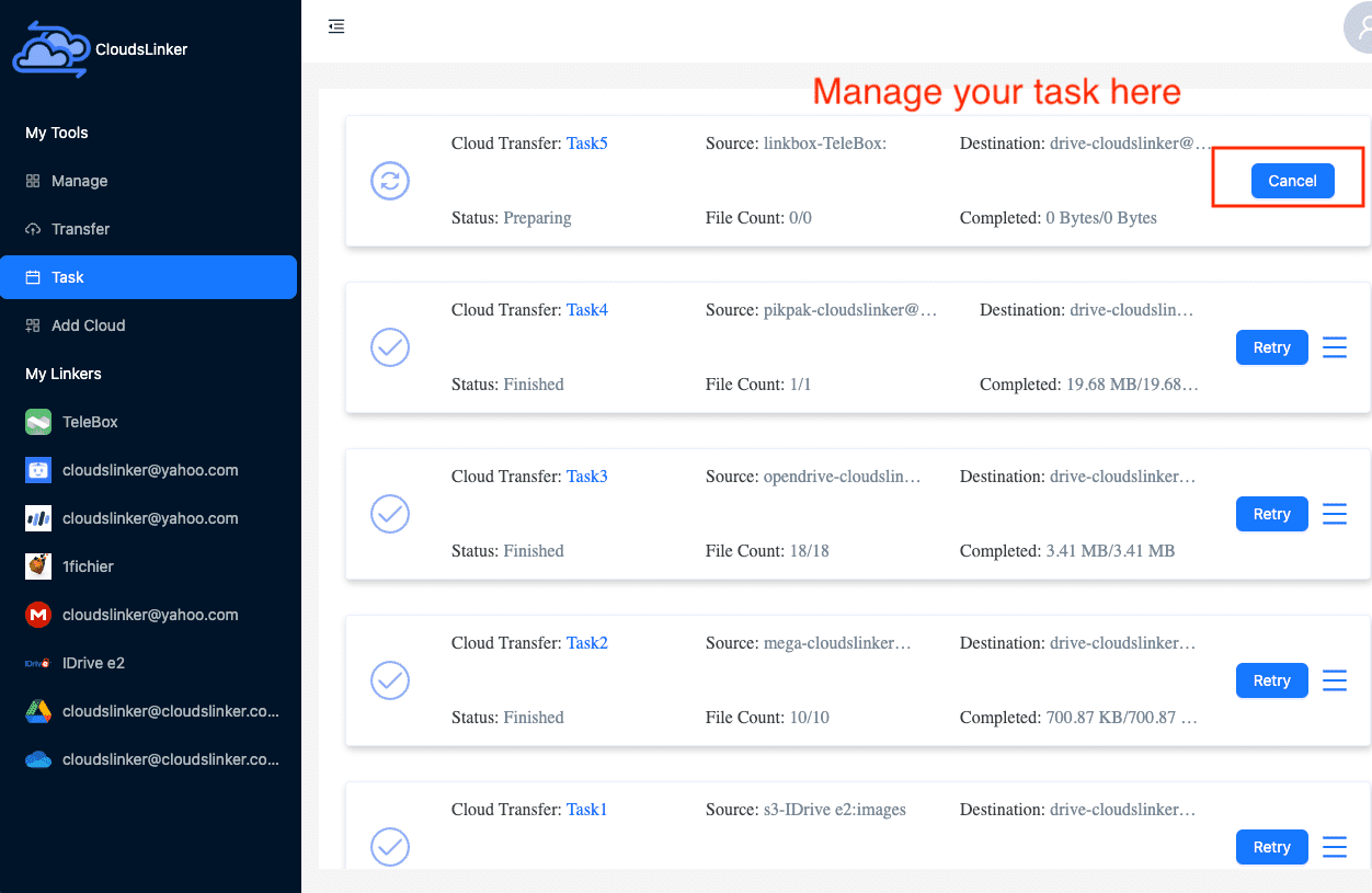 Monitoring transfer tasks in Cloudslinker