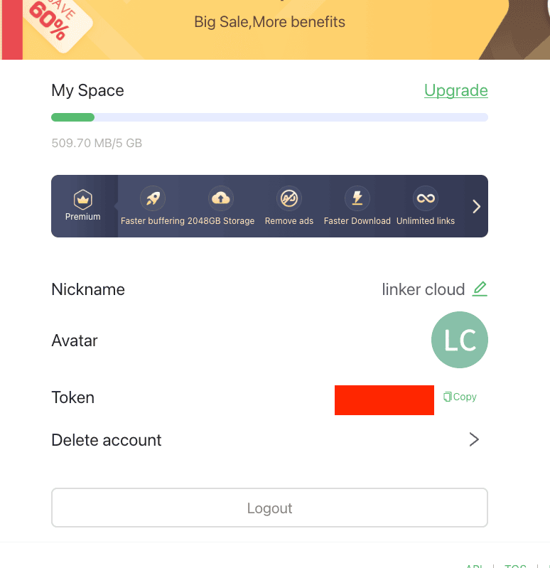 TeleBox My Account page showing used space out of 5 GB, the nickname and avatar, and the Token row with a Copy button and the token hidden