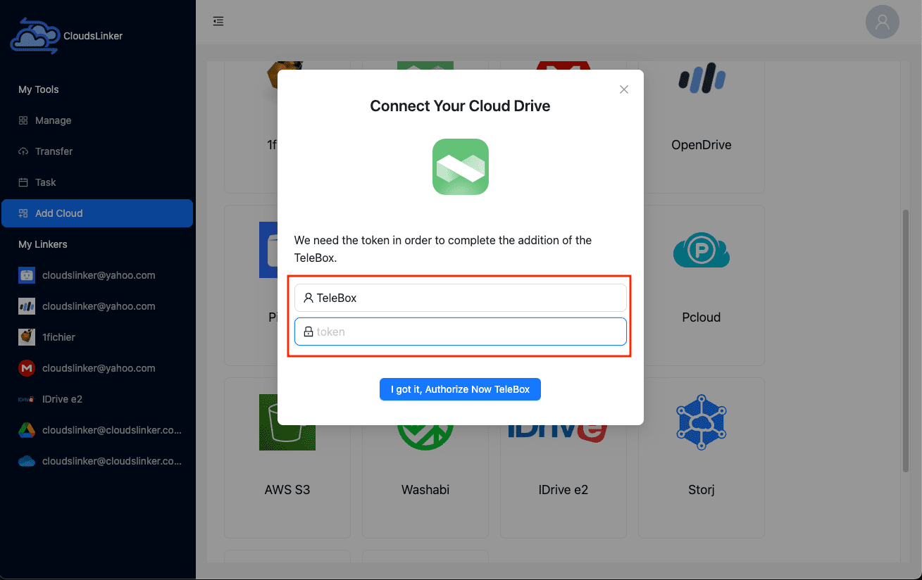 Linking TeleBox account to Cloudslinker