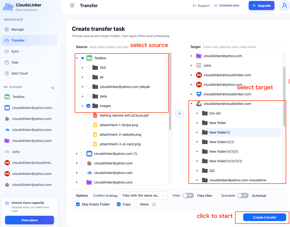 CloudsLinker Transfer page with a folder of a TeleBox account ticked as the source and a Google Drive folder selected as the target