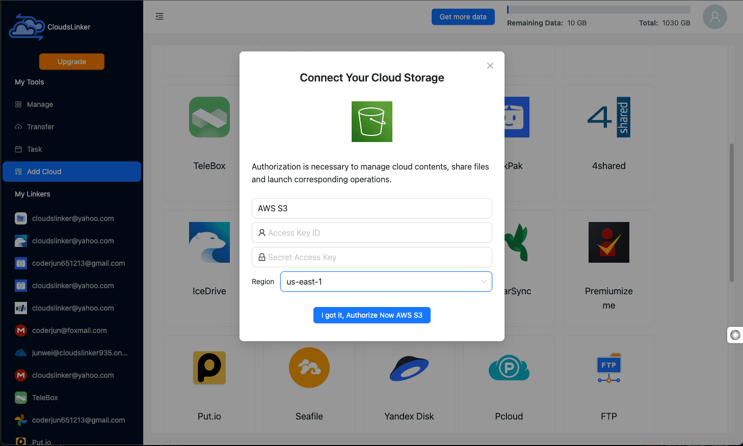CloudsLinker Add Cloud dialog for Amazon S3 with display name, Access Key, Secret Key and region fields