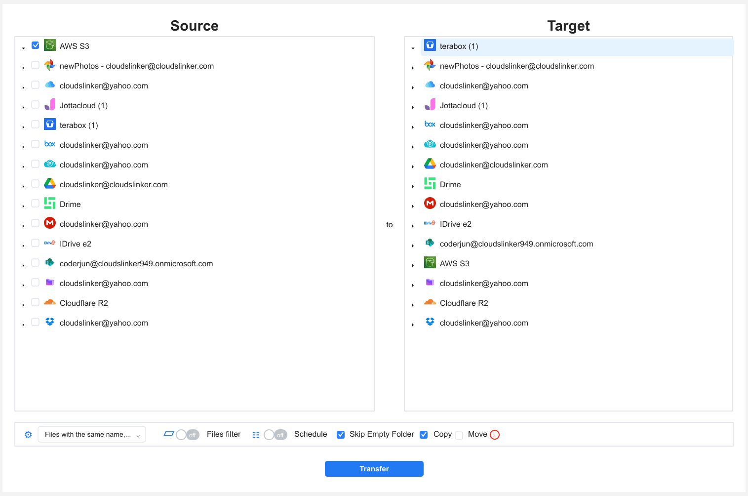 Configure AWS S3 to TeraBox transfer in CloudsLinker