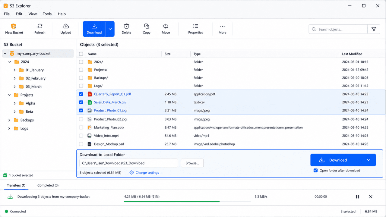 Download objects from an AWS S3 bucket with an S3 client