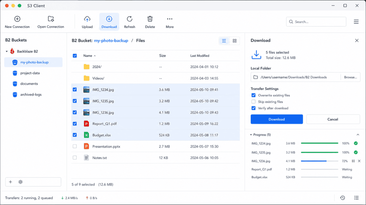 Download files from a Backblaze B2 bucket with an S3-compatible client