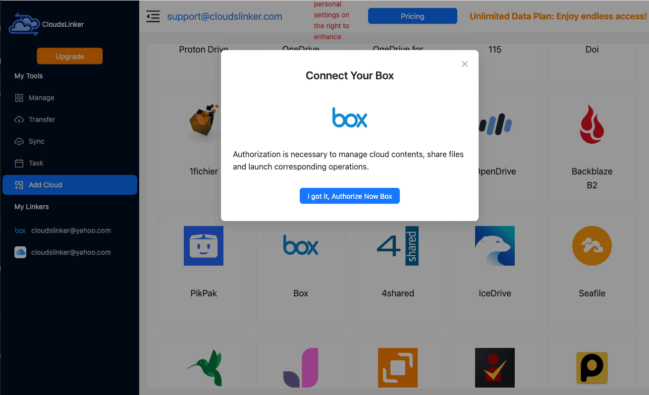 Box OAuth grant screen at account.box.com in a browser window, showing the Box logo, an access-permission summary for a third-party application, and Grant access to Box / Deny buttons at the bottom