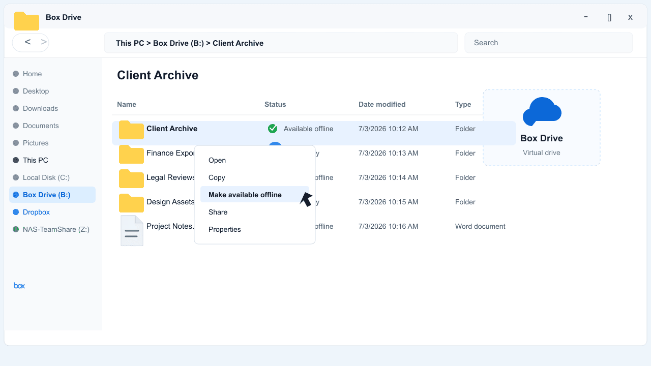 Box Drive application on Windows showing the virtual mounted drive in File Explorer's sidebar, with a right-click context menu open on a folder displaying a Make Available Offline option