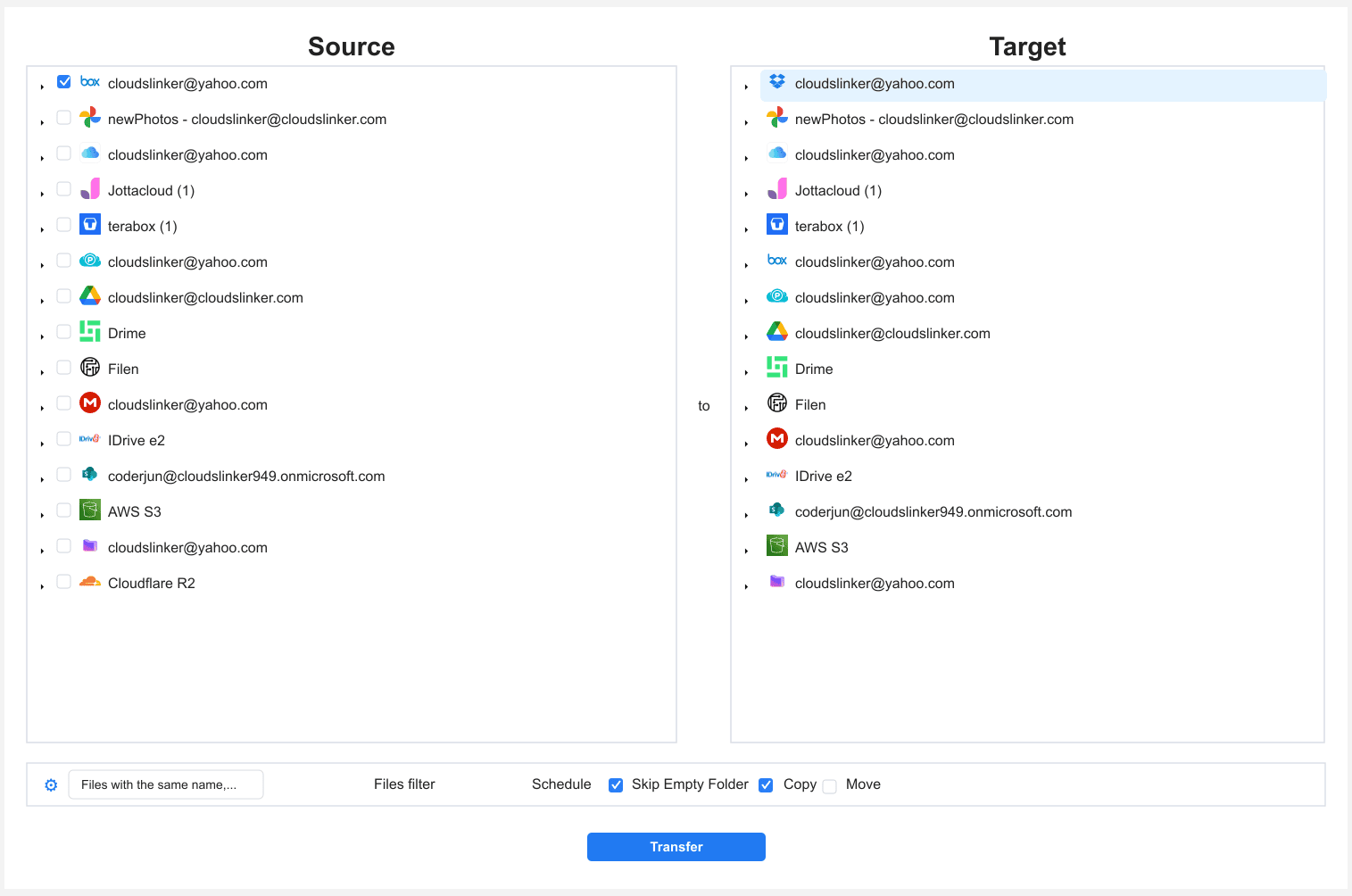 CloudsLinker transfer configuration screen with Box selected as the source showing a folder tree, Dropbox selected as the destination with a target folder picker, and file-type and date-range filter fields above a Start Transfer button